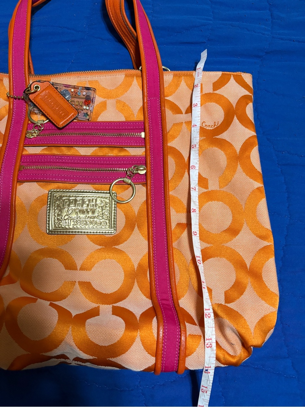 Coach Orange and Pink Logo Canvas Tote with Gold Plaque - Picture 2 of 7
